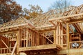 A stick built house under construction New build roof with wooden and beam framework. Royalty Free Stock Photo