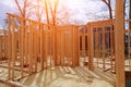 A stick built house under construction New build with wooden and beam framework Royalty Free Stock Photo