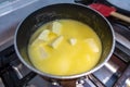 Stick of butter melting in a pot on gas stove