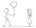 Stick Character Cartoon of Loving Man or Boy Giving Balloon Heart to Woman or Girl on Date Royalty Free Stock Photo