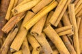 Stick cinnamon pile of dry fragrant spices background culinary base