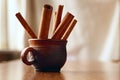 Stick cinnamon in a pottery container