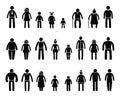 Stick family people. Cartoon muscular and skinny male and female characters, stick family members with different body Royalty Free Stock Photo