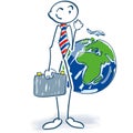 Stick figure as a businessman with suitcase and world