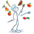 Stick figure as a cook juggles vegetables Royalty Free Stock Photo