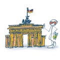 Stick figure as a tourist with Brandenburg Gate in Berlin