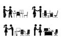 Stick figure business male, female at meeting, negotiation, good deal vector icon set. Stick man, woman office workers handshaking