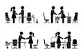 Stick figure business male and female negotiation vector icon set. Stickman office partners handshaking, meeting, talking Royalty Free Stock Photo