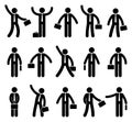 Stick figure business man icon set. Office worker standing with briefcase in various poses.