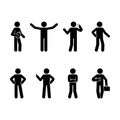 Stick figure business man standing set. Vector illustration of different human poses on white.