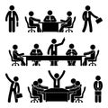 Stick figure business meeting set. Finance chart person pictogram icon. Employee solution marketing discussion.