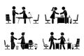 Stick figure business men and women negotiation vector icon set. Stickman office workers handshaking, meeting, talking pictogram Royalty Free Stock Photo