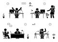 Stick figure business office vector icon people. Man and woman working, solving, reporting pictogram.