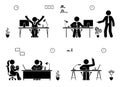 Stick figure business office vector icon people pictogram. Man and woman working, solving, reporting silhouette.