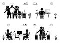 Stick figure business office vector icon silhouette on white. Men and women happy, working, sitting, reporting, writing people pic