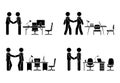 Stick figure business partners shaking hands, negotiating vector icon set. Stickman office coworkers handshaking, meeting, talking