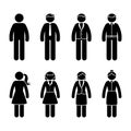 Stick figure business people standing front view black and white icon vector set. Office formal casual wear design pictogram.