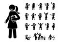 Stick figure business woman vector icon set. Happy, sad, surprised, amazed, angry, celebrating, writing stickman person Royalty Free Stock Photo