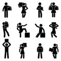 Stick figure carrying box vector icon pictogram. Man and woman holding, moving, standing silhouette.