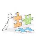 Stick Figure Cartoon - Stickman Pushes Puzzle Icons Together.