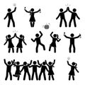 Stick figure celebrating people icon set. Happy men and women dancing, jumping, hands up pictogram.