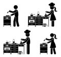 Stick figure chef cook man and woman baking pie vector set. Stickman person cooking at restaurant kitchen icon pictogram