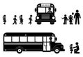 Stick figure children boarding bus icon. Back to school boys and girls symbol.