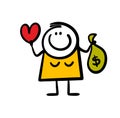 Stick figure contented young woman holds bag of money and heart in her hand.