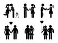 Stick figure couple with gift set. Man and woman in love vector illustration. Boyfriend and girlfriend hugging, giving present.