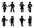 Stick figure couple in love icon set. Man giving flowers to woman pictogram. Royalty Free Stock Photo