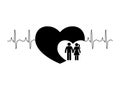 Stick figure couple. Man and woman in love. Boyfriend and girlfriend holding hands pictogram icon on heart shape and cardiogram.