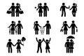 Stick figure couple man, woman, shopping, dating, giving present, riding bike, standing with balloons, umbrella dancing vector