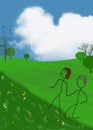 Stick figure couple walking uphill Royalty Free Stock Photo