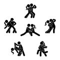 Stick figure dancing couple set. Man and woman in love illustration on white. Boyfriend and girlfriend kissing, hugging. Royalty Free Stock Photo