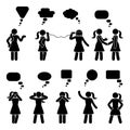 Stick figure dialog speech bubbles set. Talking, thinking, whispering body language woman conversation icon pictogram.