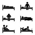 Stick figure different position in bed. Vector illustration of dreaming, sitting, sleeping person icon symbol sign set pictogram.