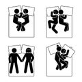 Stick figure different sleeping position set. Vector illustration of different dreaming couple poses icon symbol sign pictogram.
