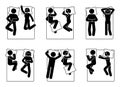 Stick figure different sleeping positions set. Man and woman laying in bed postures.
