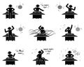 Stick figure dj mixing at nightclub party vector icon set. Stickman male in headphones playing dance, electronic, techno music Royalty Free Stock Photo