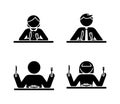 Stick figure eating icon set. Breakfast, lunch, dinner black and white pictogram.