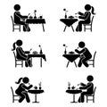 Stick figure eating pictogram set. Man and woman alone at the restaurant.