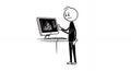 Stick Figure Epidemiologist Analyzes Data on Computer Screen in Cartoon Style on White Background Depicting Healthcare Crisis and Royalty Free Stock Photo