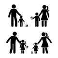 Stick Figure Family Boy Girl Playing Outside Vector Icon Illustration Set. Children, Kids, Son, Daughter, Father, Mother, Parentsf