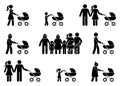 Stick figure family man, woman, grandpa, grandma with stroller. Stickman walking with baby carriage, perambulator, pram