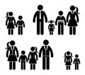 Stick figure family in nice clothes icon set. Full dressed people in different age pictogram.