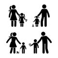 Stick Figure Family, Preschooler Boy, Girl Playing Outside Vector Icon Illustration Set. Children Parents Spending Time Together