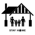 Stick figure family stay home vector icon illustration pictogram. Quarantine, self-isolation man, woman, children Royalty Free Stock Photo