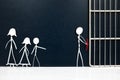 Stick figure father handcuffed tied with red rope going to a jail prison with sad family on the side in dark background. Royalty Free Stock Photo