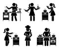 Stick figure female cooking at home kitchen vector illustration. Girl making soup, tasting meal, cutting vegetables icon