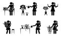 Stick figure female planting home flowers vector set. Stick lady person taking care of houseplant icon pictogram